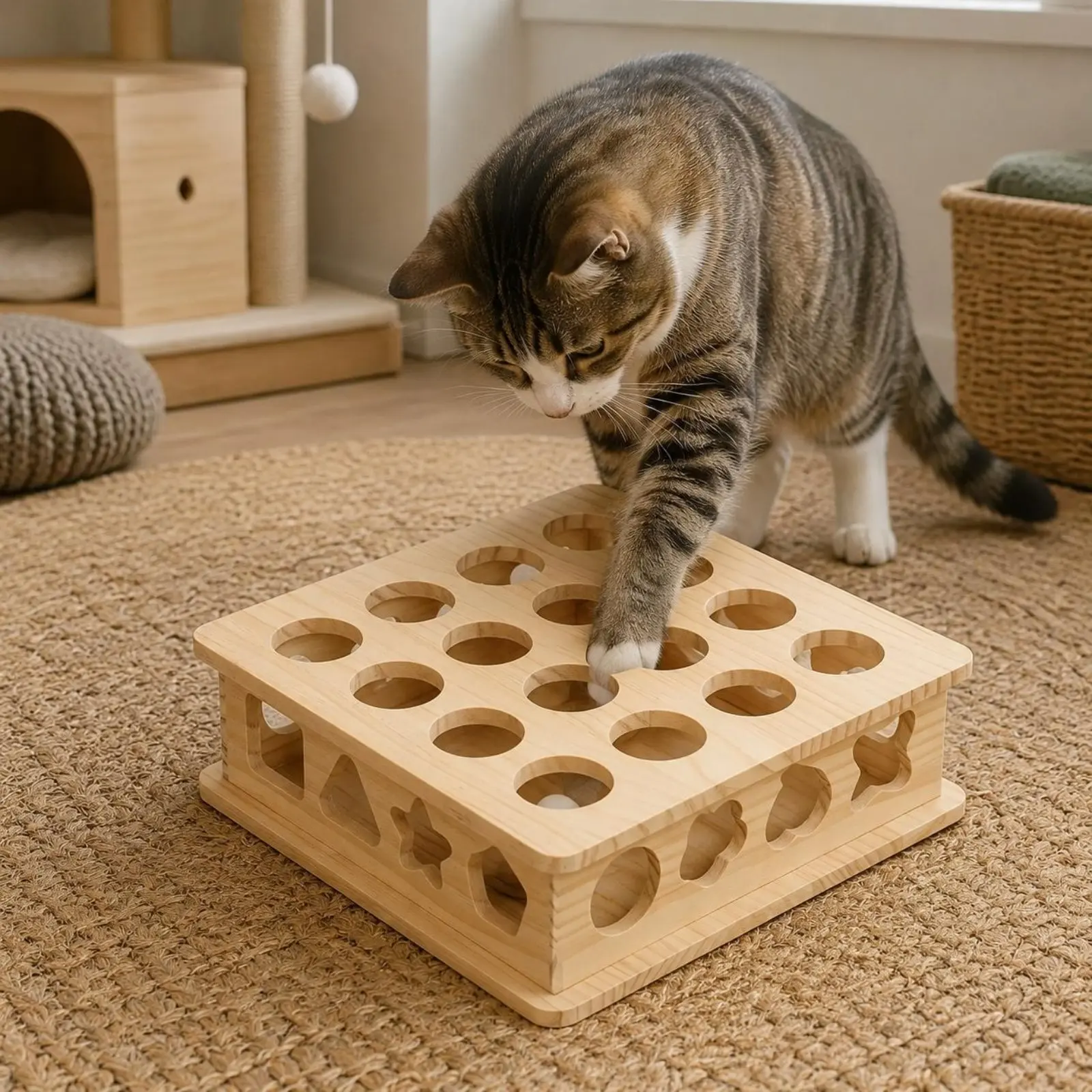 

Whack a Rodent Feline Toy Solid Wood Interactive Feline Scratcher Toy Mental Exercise Scratching for Cats, Indoor