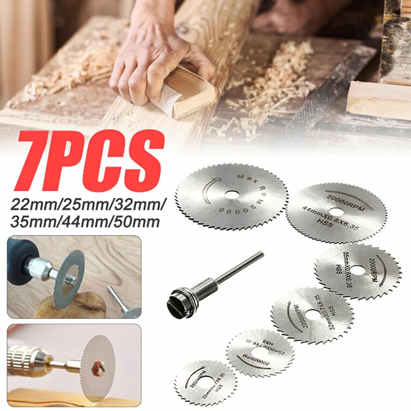 7Pcs Cutting Discs Mandrel HSS Rotary Circular Saw Blades Tool Cutoff Set