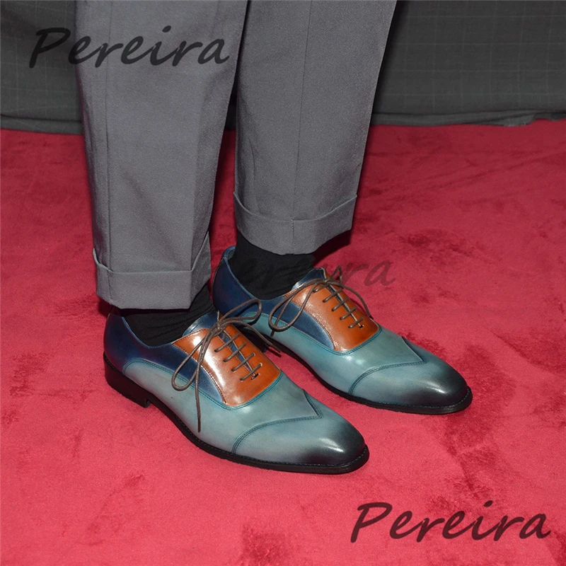 

Luxury Men's Pointed Toe Business Dress Shoes Mixed Colors Genuine Leather Lace Up Oxfords Fashion Party Banquet Formal Shoes
