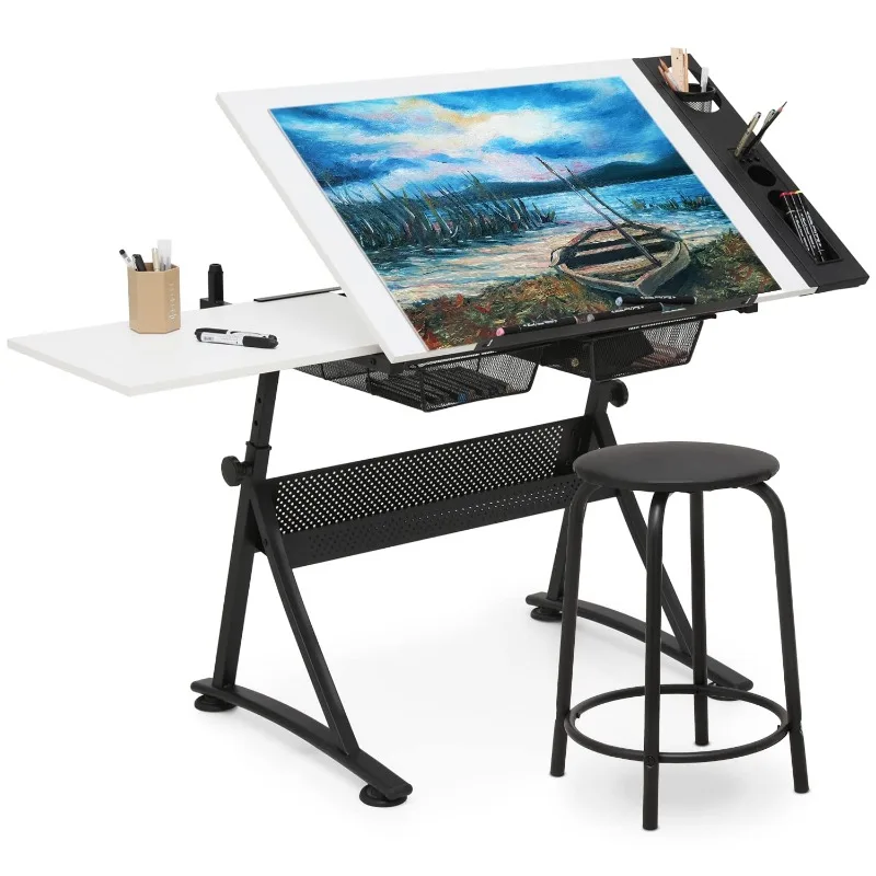 Drafting Table, Height-Adjustable, Tiltable Tabletop, Stool for Reading Writing Painting, Homeschooling Desk for Children.