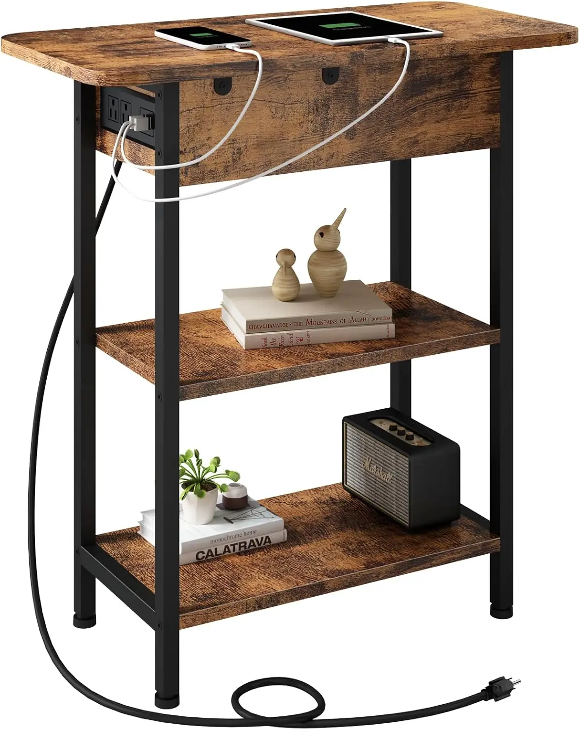 

Flip Top Side Table with USB Ports and Outlets, Nightstand for Small Spaces, Bedside Tables with Storage Shelf