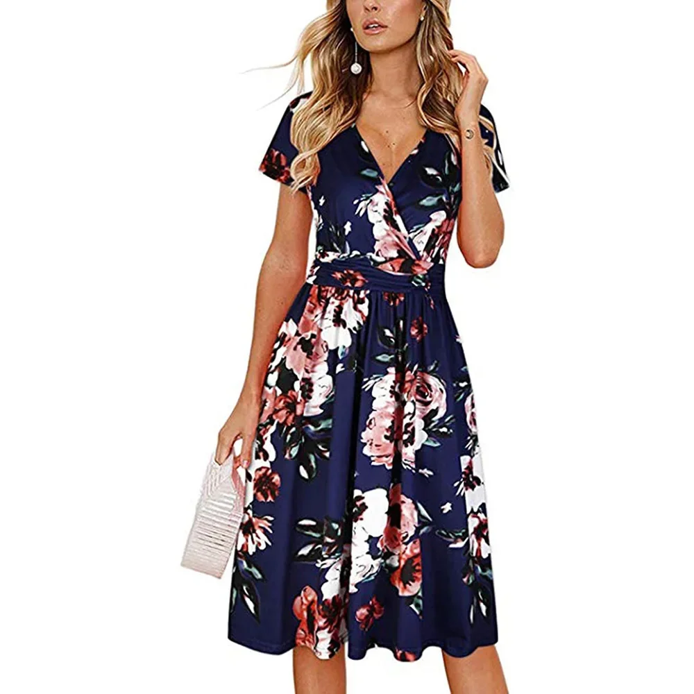 Cross-border women's summer 2024 new retro plant print V-neck breast wrap thin temperament elegant casual dress