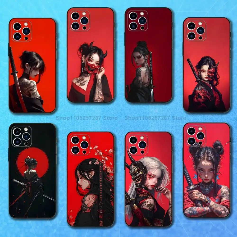 

Japanese Art Warrior Woman For iPhone 8,7,11,12,15,14,13,16,17,Plus,Pro Max,XS,X,XR,SE,Mini,Soft Silicone Black Case