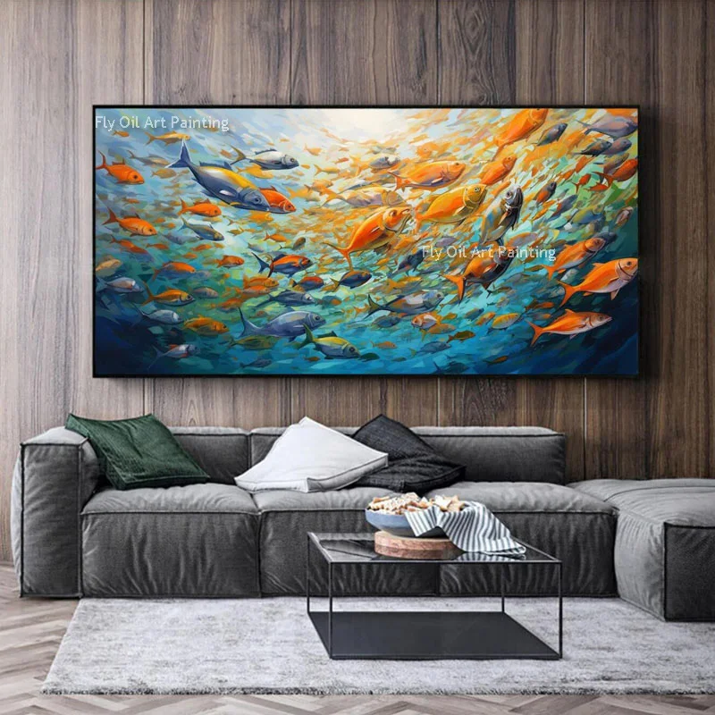 Handpainted Deep Sea View Fish School Thick Canvas Wall Art Blue Underwater World Sunshine Abstract Oil Painting For Hme Decor