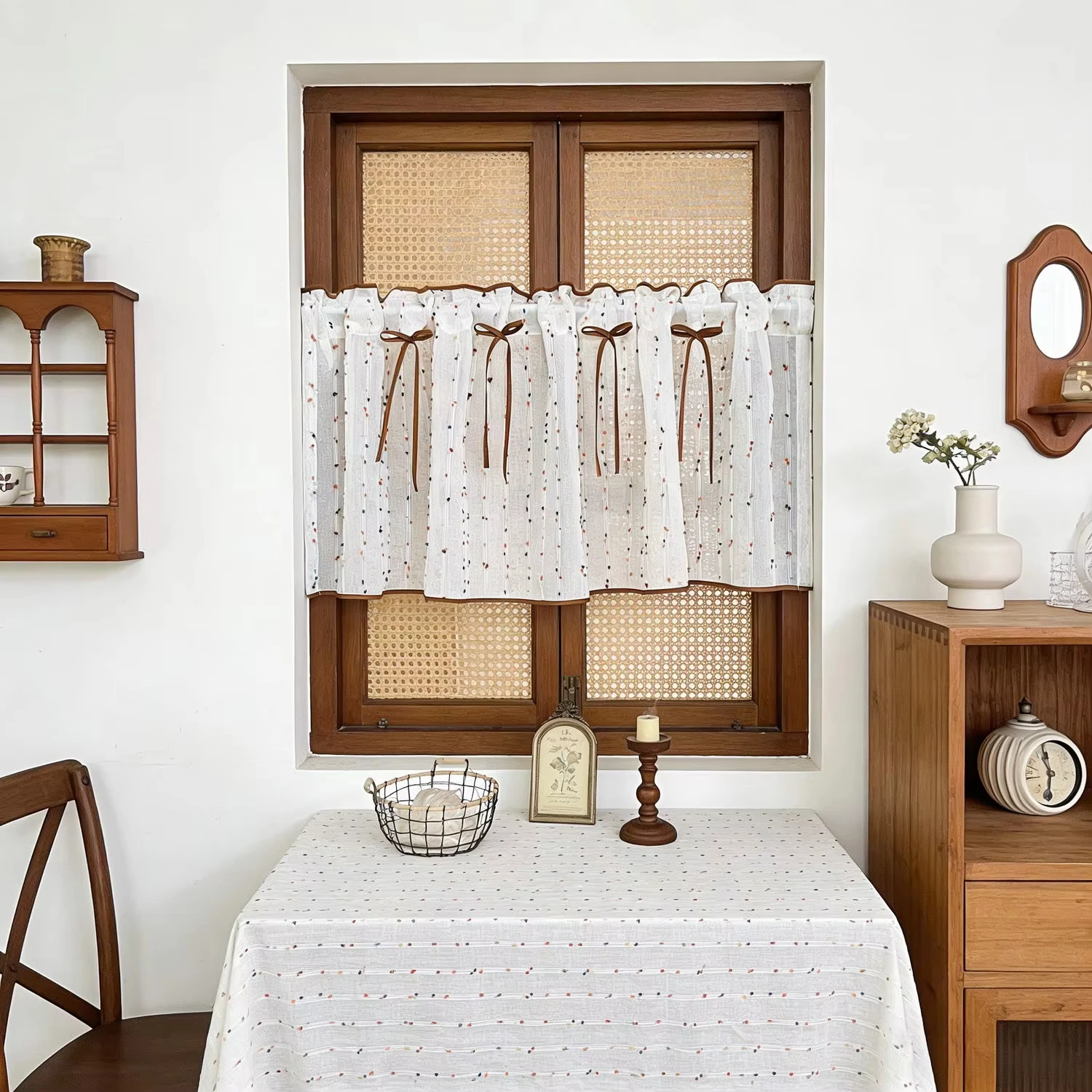 1PC Vintage Farmhouse Dobby Sheer Valance, Brown Ribbon Bow Short Curtain Light Filtering for Kitchen Li