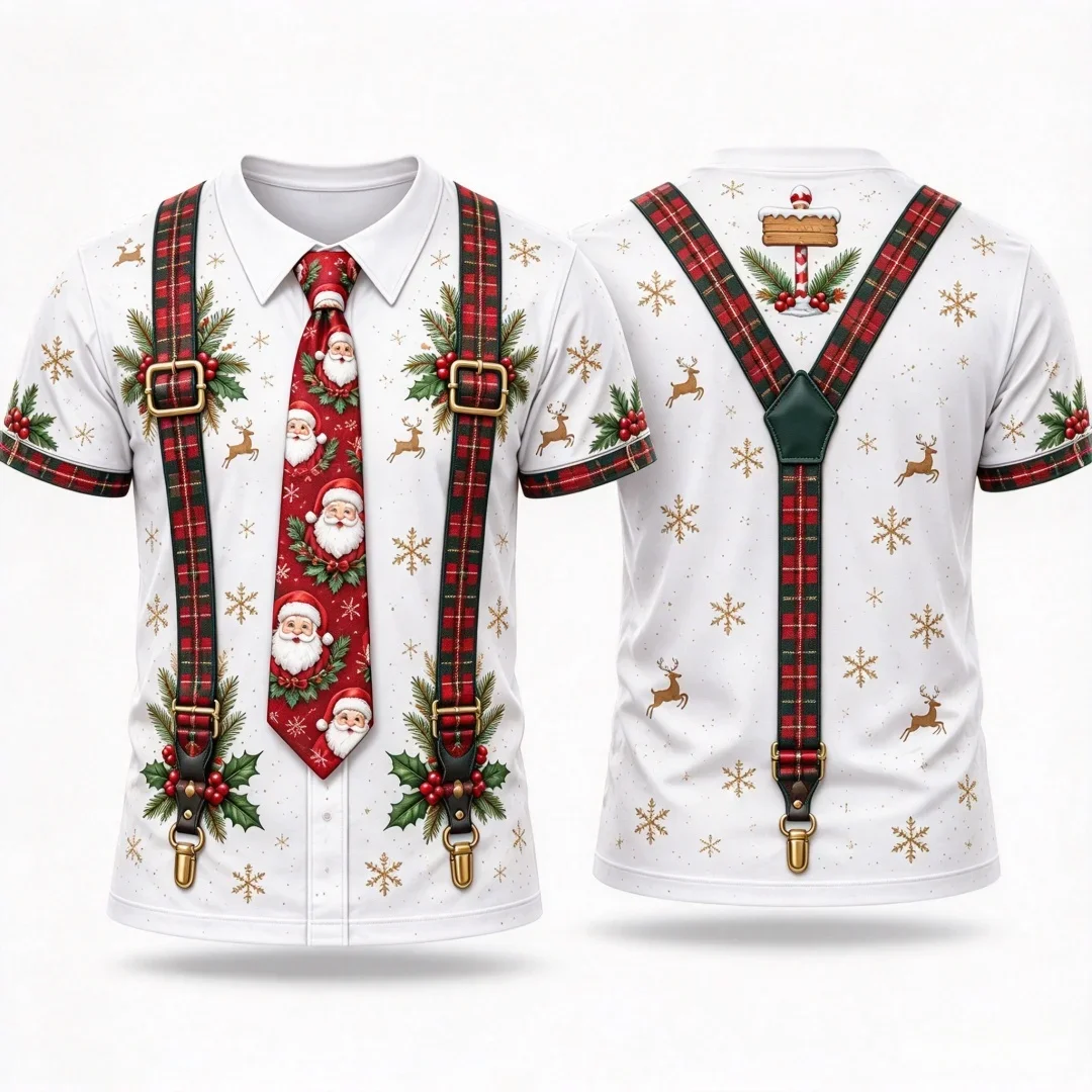 Funny Men's 3D Fake Suspender Bow Tie Print T-shirt Holly Bell Christmas Short Sleeve Tee Summer Casual Crew Neck T-shirt Tops