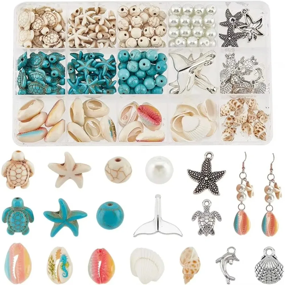 15Styles Summer Beach Beads Sea Shell Beads Sea Star Pendants Tortoise Charms Ocean Animal Spacer Beads for Jewelry Making