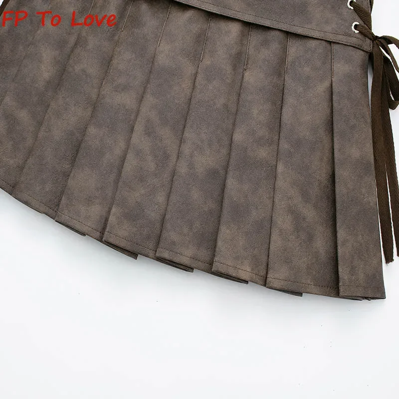 Y2K Black Hottie Sexy Super Mini Skirts PU Lace-up Autumn Winter Vintage Pleated Faux Leather Coffee Brown Culottes Outfit