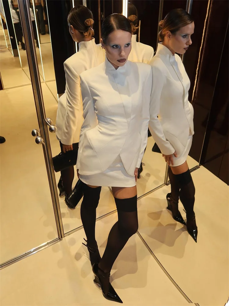 Urban Stehkragen Solide Frauen Mantel Set Volle Hülse Split Frühling Jacke Anzug Sexy Hohe Taille Rock 2025, Frühling Dame Outfit