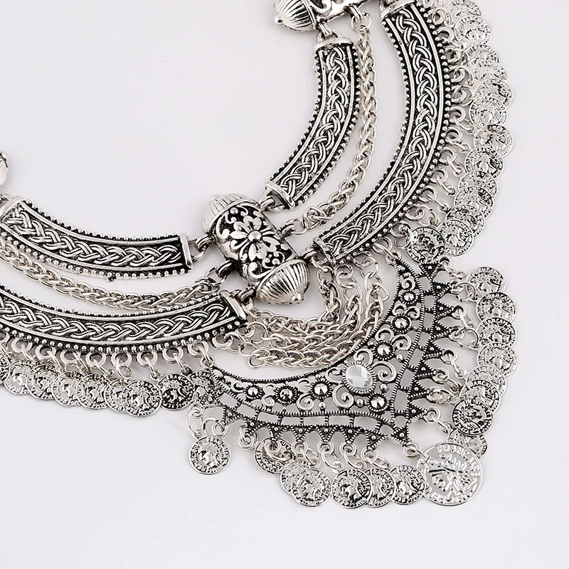Bohemian Vintage Coin Tassel Statement Necklace Women Baroque Ethnic Style Sliver Color Necklace Party Jewelry Set
