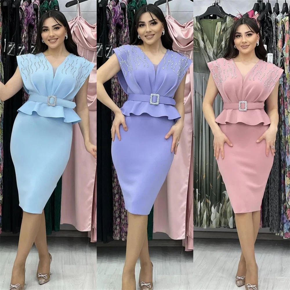 

Formal Dress Saudi Arabia Evening V-neck Sheath Knee Length Skirts Fold Hugging Bead Bespoke Occasion Dresses Prom Gown