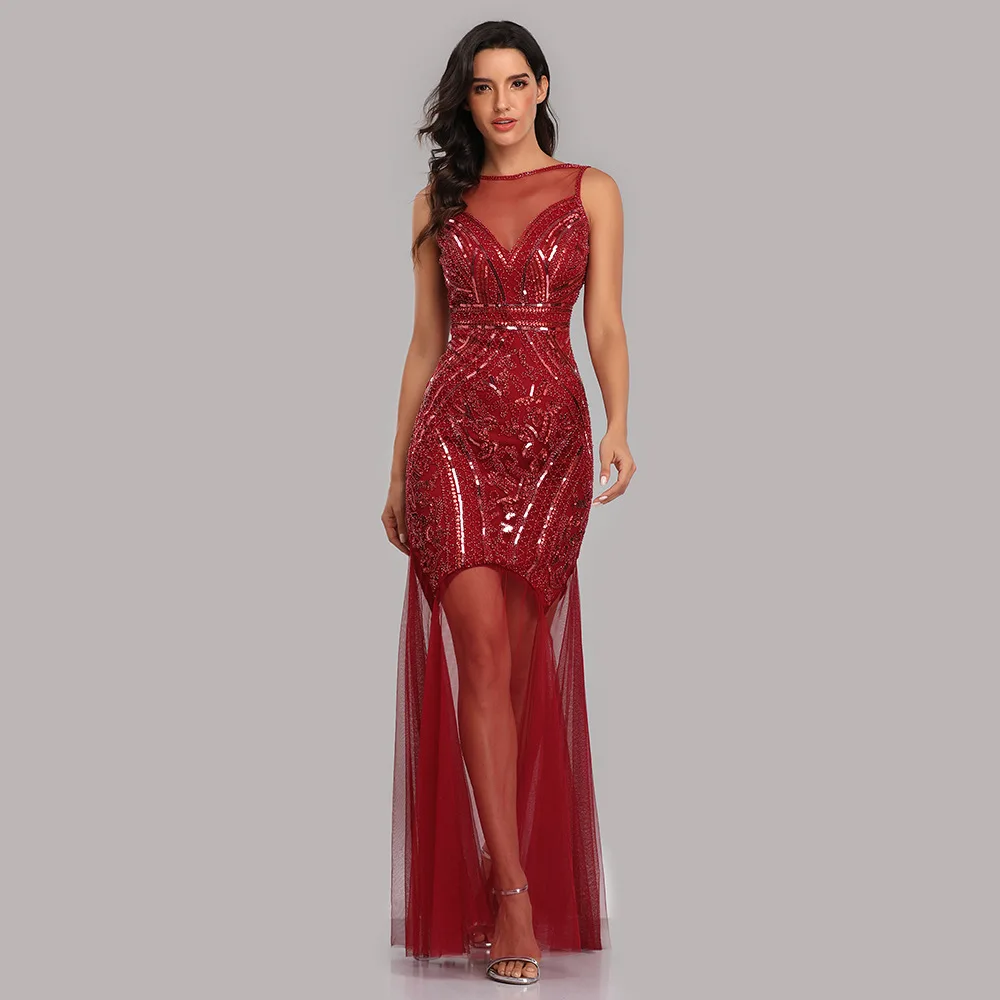 

Perspective sexy evening dress burgundy round neck sleeveless long dance dress new party sexy temperament elegant high-end cloth