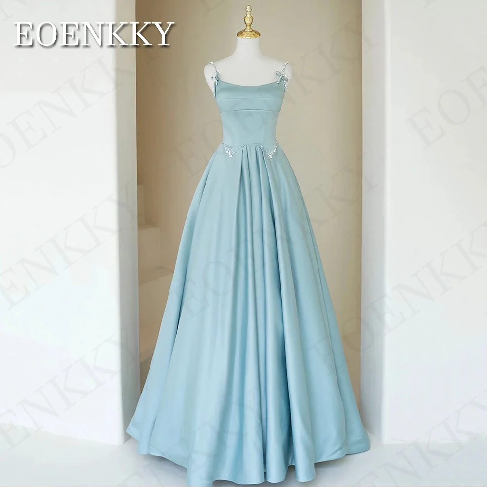 

Blue Satin A-Line Prom Dress Pearls Spaghetti Straps A Line Graduation Dresses Floor Length vestidos para eventos especiales