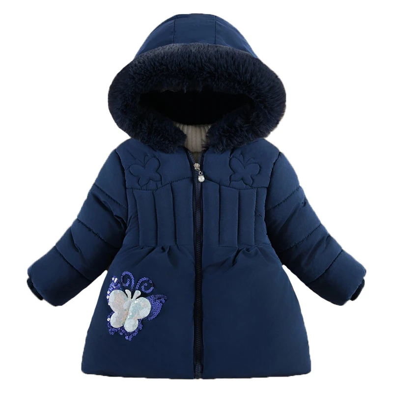 Giacca invernale per neonate tinta unita paillettes Cartoon Butterfly Stickers fodera PlushThick Warm Hooded Coat per tuta da neve per bambini 1-4Y