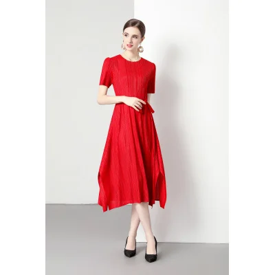 Miyake Pleated Ladies Red Color Girlish Wind Tether Waist Slim Dress Long Skirt Five-point Sleeve A-line Skirt Vintage Sweet