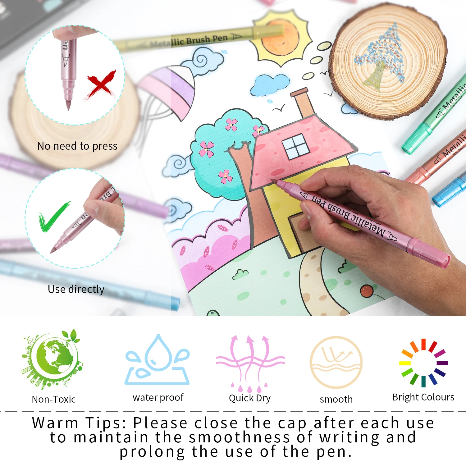 Soft Brush Metallic Paint Marker Set, Double-Ended Fine Tip & Brush Tip, Markers Are Suitable For DIY Painting Projects On Rocks