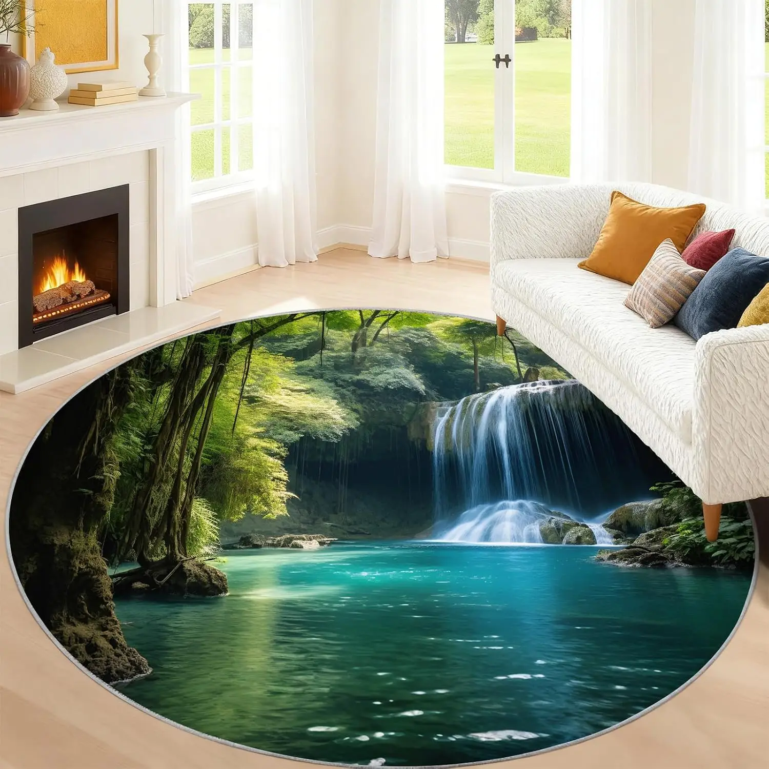 Luxury Round Waterproof Area Rug Mat Polyester Tropical Waterfall Jungle Scene Floor Carpet Mat for Bathroom Kitchen Living Room