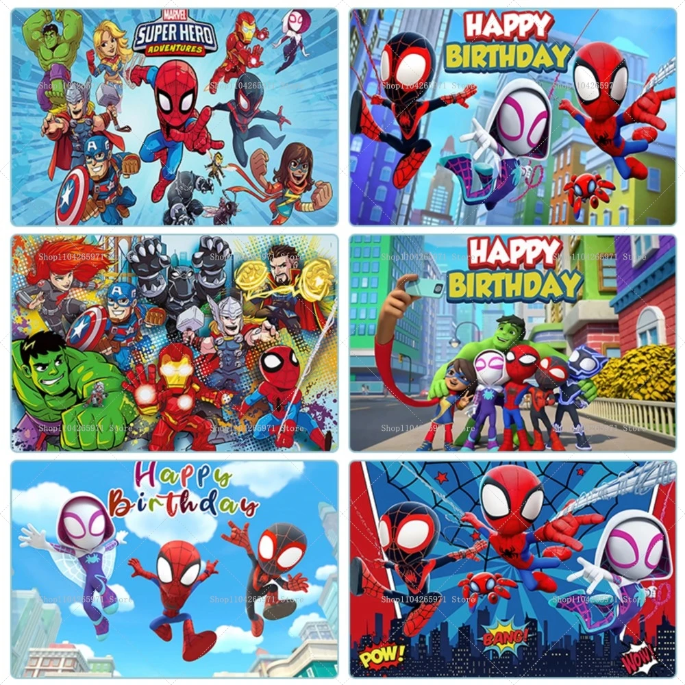 Cute Spidey and His Amazing Friends Themed Backdrop Happy Birthday Superhero Kids Photo Background Banner Baby Shower Decor Prop view 6