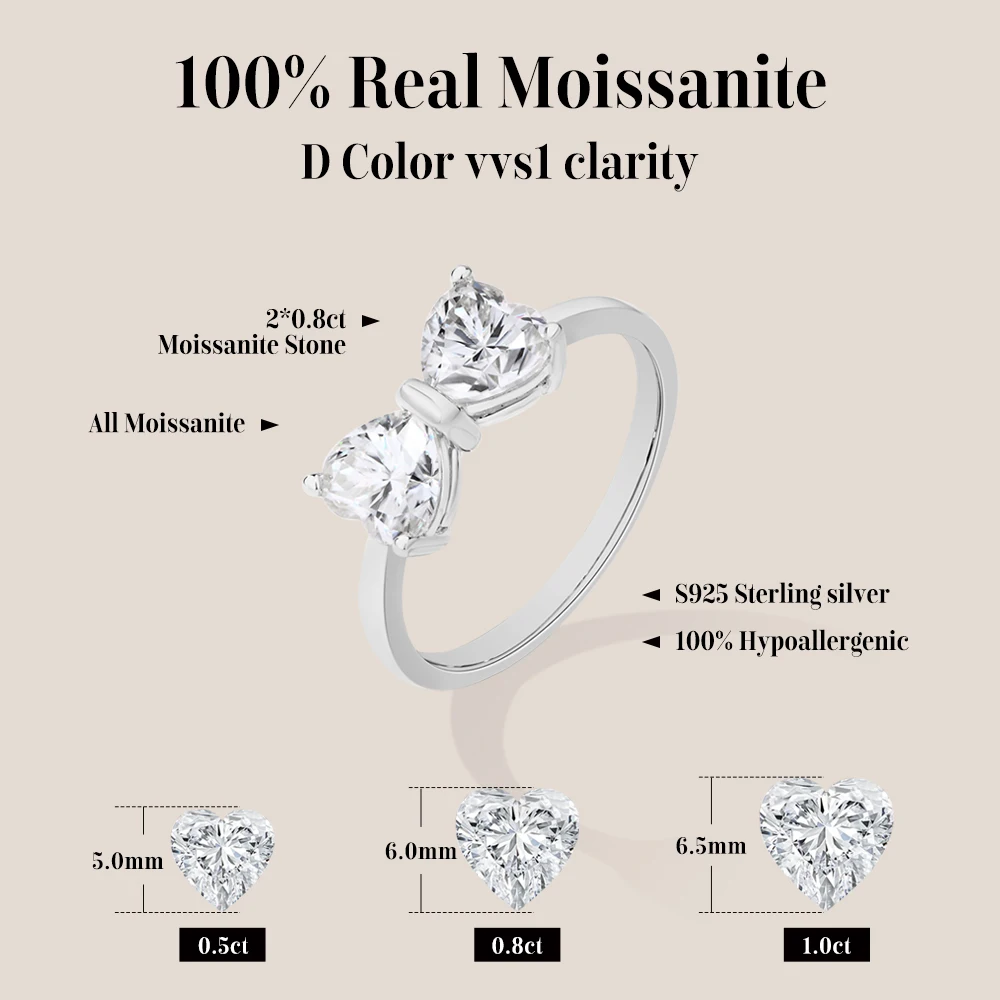 MINTYBOX Bowknot Heart Cut Two Moissanite Rings for Women 925 Sterling Silver Romantic Enagement Ring Jewelry Valentine Day Gift