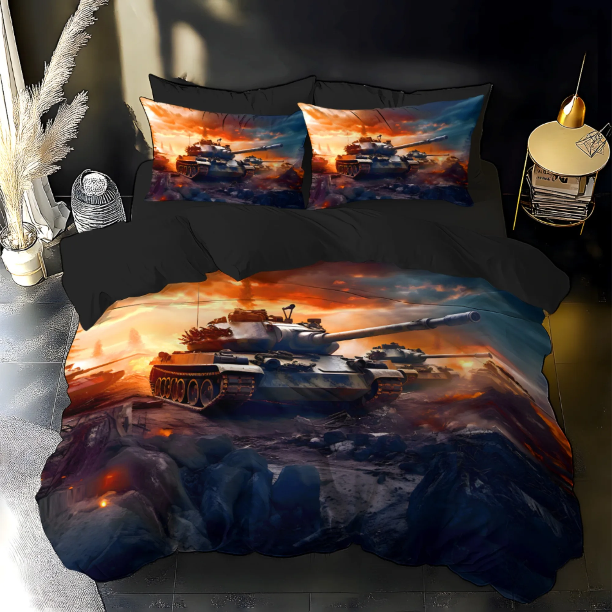 Bedding Digital Printed Quilt Cover Set Featuring a 3D Three-dimensional Tank Pattern. Super Soft Brushed Digital Printed