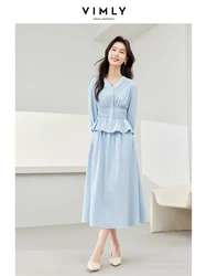 Vimly Blue Elegant Sets for Women 2 Pieces 2024 Spring Ruffled Hem V-neck Top Elastic Waist Midi Skirt New in Matching Set 16560