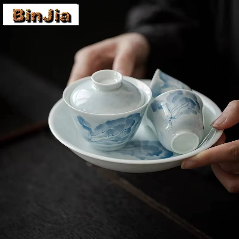 100Ml Blue And White Hand-Painted Cabbage Cover Bowl Household Anti Scald Gaiwan Antique Tea Tureen Brewing Chinese Gift