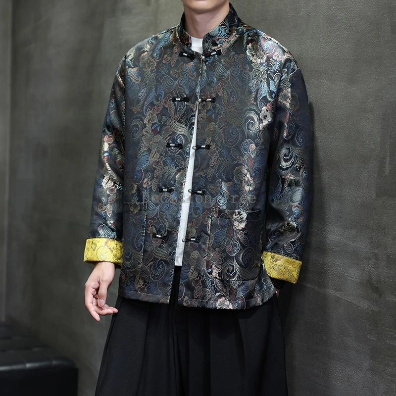 2025 high end elegant tang suit top fashionable jacquard men wushu top retro stand collar disc buckle long sleeved chinese shirt