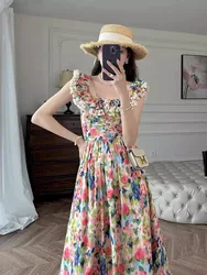 First Love Dress Summer French Gentle Fragmented Flower Oil Painting Sleeveless One line Neckline High end Beach Vacation WZEN