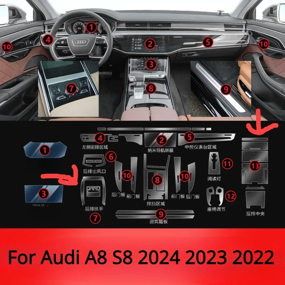 Para audi a8 s8 2025 2024 2023 2022 ppf filme de proteção acessórios interior transparente tpu painel engrenagem navegação console central