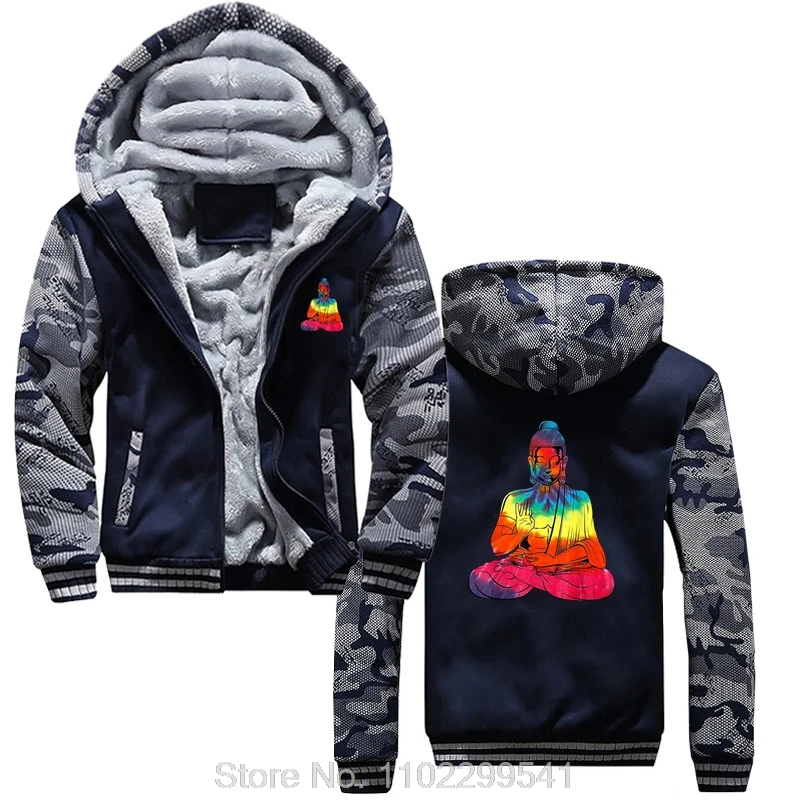 Meditating Buddha Rainbow Tie Dye Cute Unique Gift Hoodie Men Cotton Hoody Harajuku Coats Funny Print Jacket Zip Up Hoodies