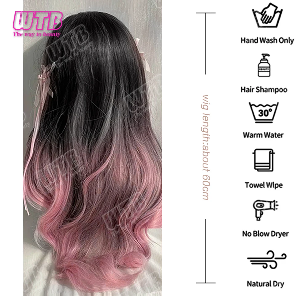 WTB Pink Highlighted Synthetic Wig Long Curly Wig with Lace Front and Bangs Suitable for Women's Holiday Events and Cosplay - view 4