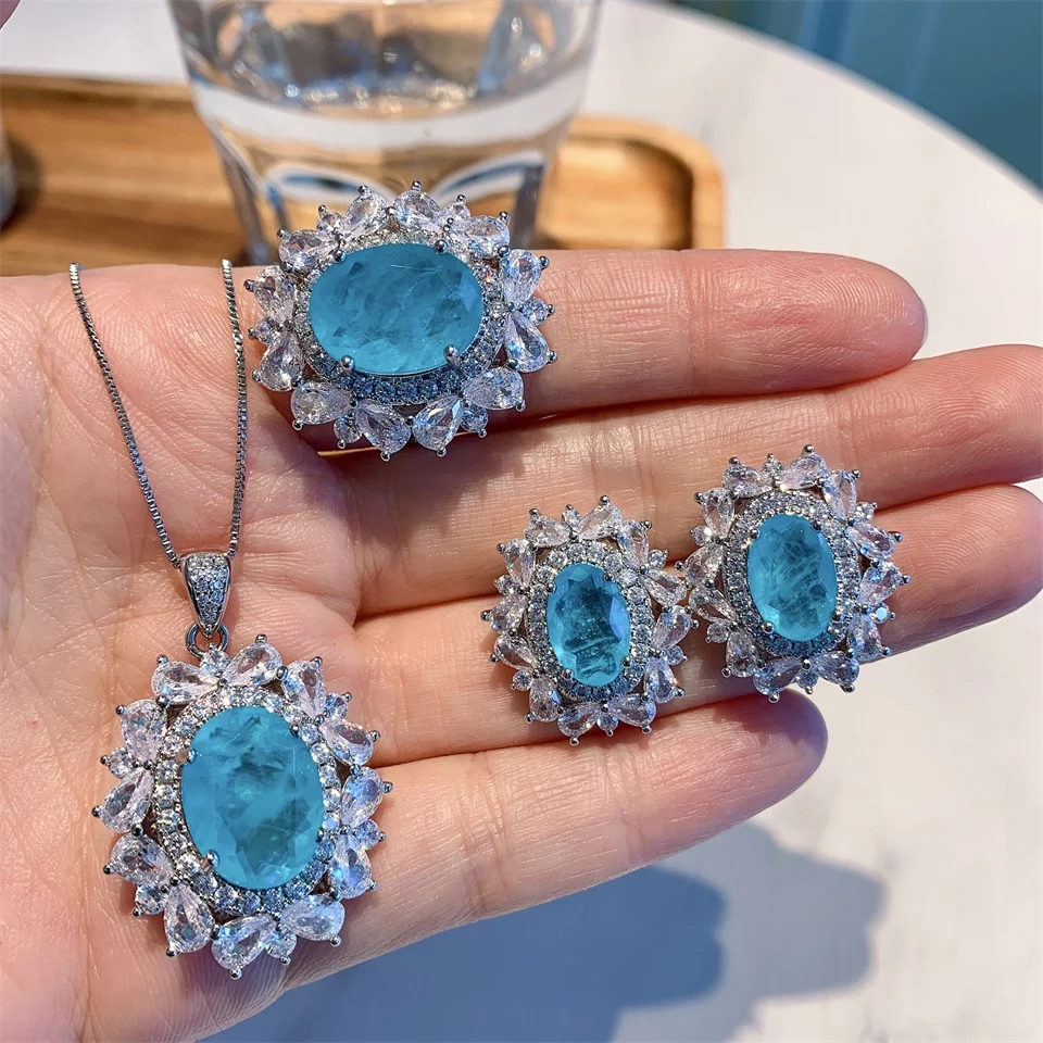 

New Retro Style Imitation Paraiba Blue Set Pendant Ring 12*16 Earrings 8*12 Fashion Light Luxury Diamond Stainless Steel Jewelry