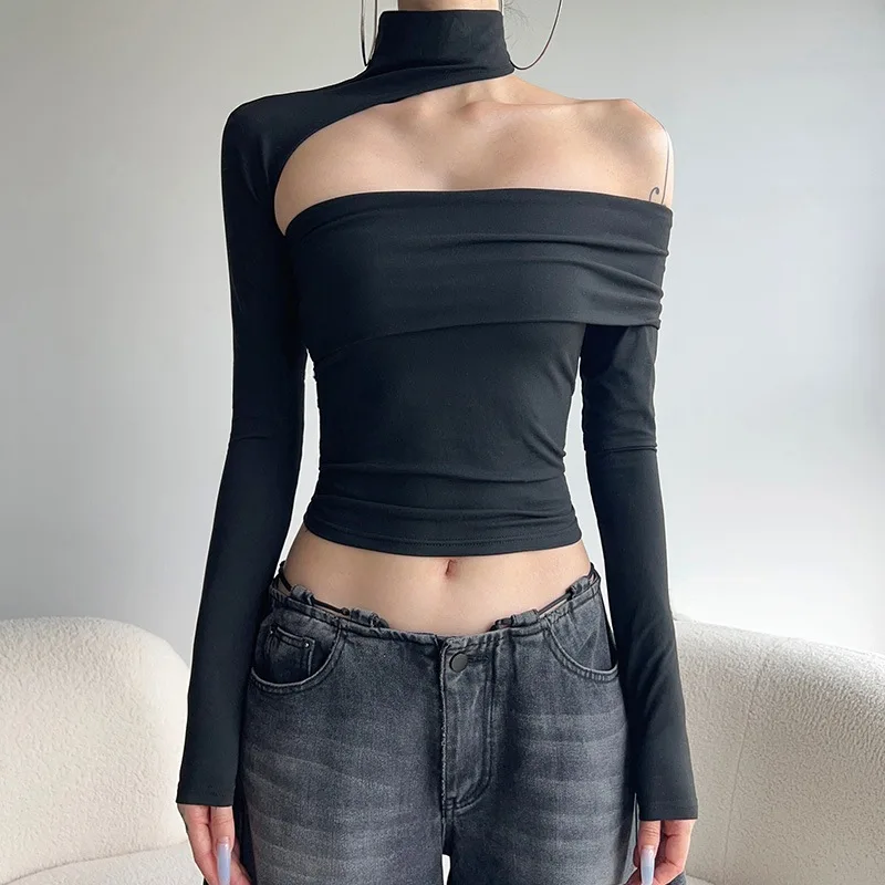 Sexy Asymmetrical Shoulder Bared Knitted Long Sleeve Elastic T-shirt Design Sense Pleated Wrap Chest Thickened Autumn Ladies Top