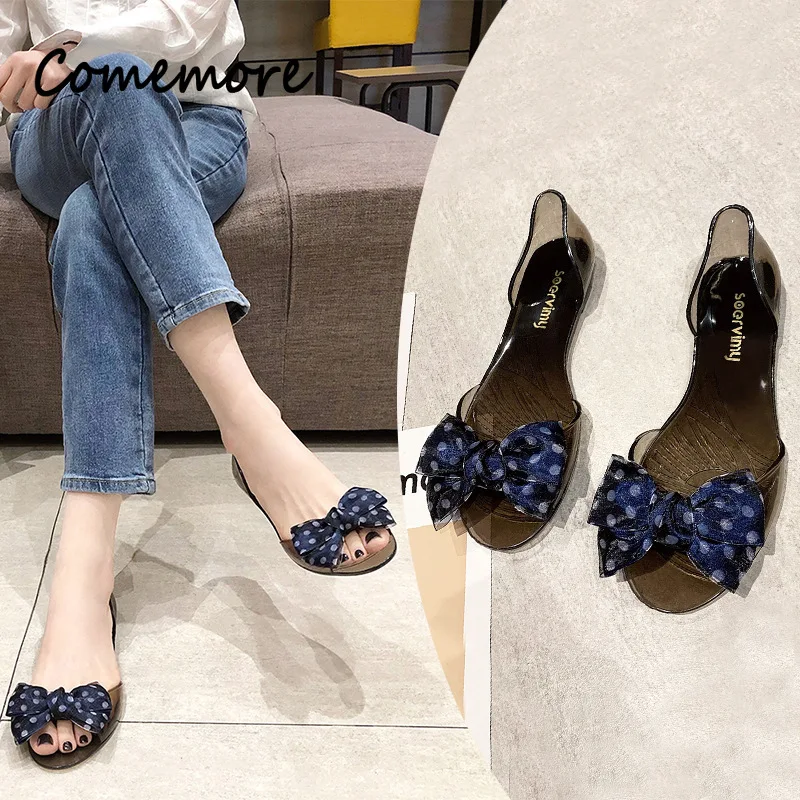 Comemore Korean Style Flats Sandals Fashion Summer Fish Mouth Bow Transparent Jelly Shoes Femme Flat Beach Leisure Footwears view 2