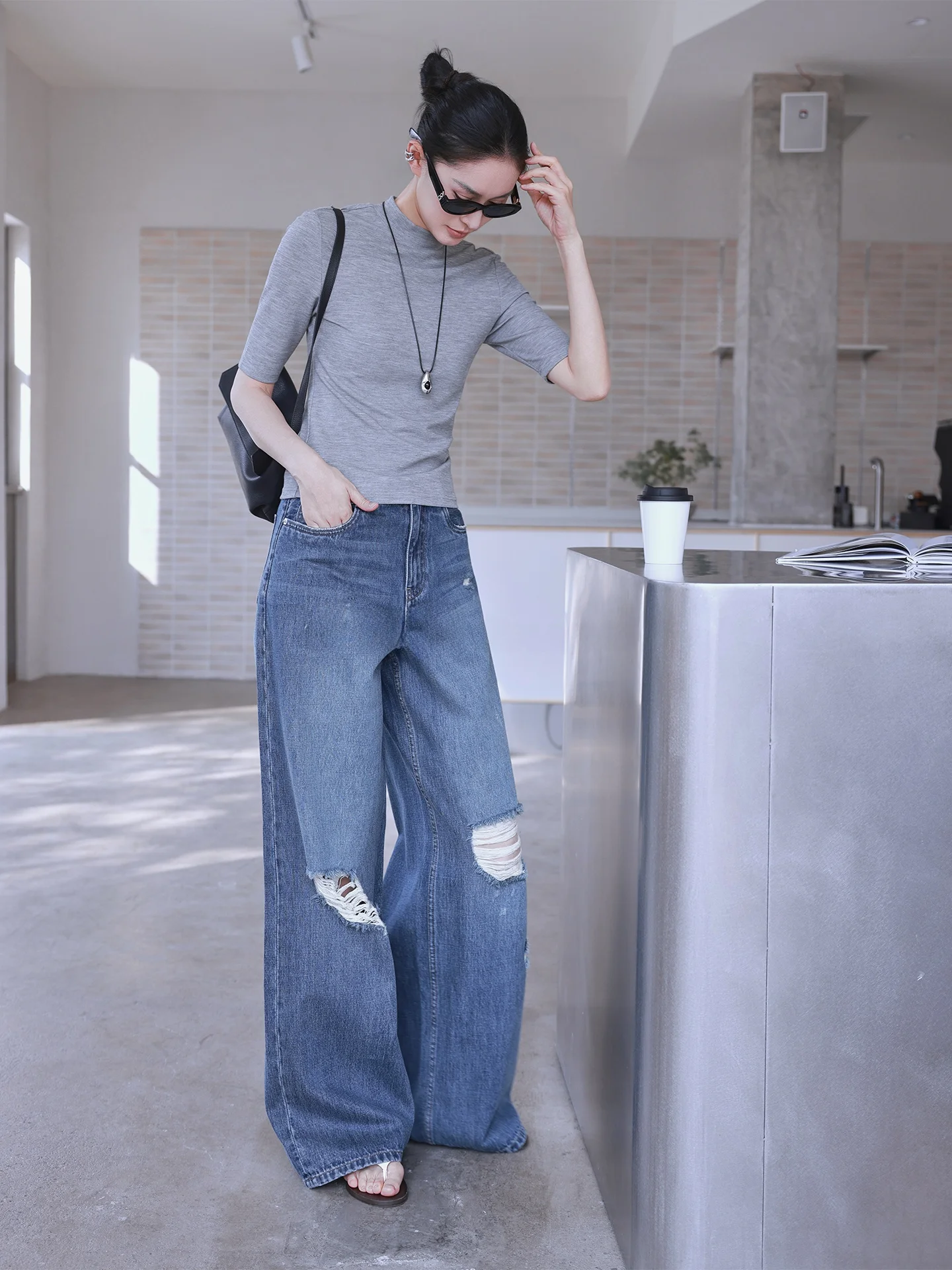 

Jieji Zhang Spring New Loose Women's Jeans High Waist Straight Leg Denim Pants Cotton 00% Waed Hole Daily Wear