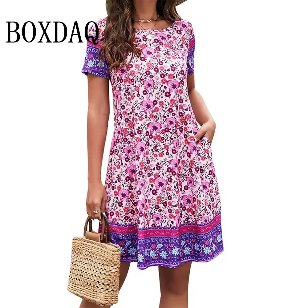 Nuevos vestidos Vintage de flores rosas para mujer, vestidos informales de estilo étnico con bolsillos sueltos de verano, vestidos de talla grande de manga corta para mujer