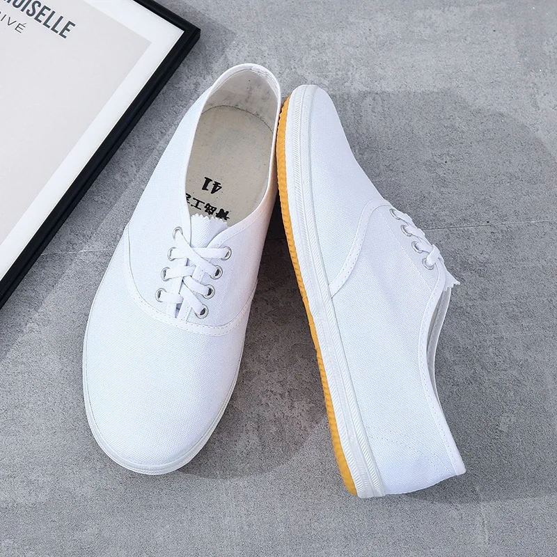 Unisex White Canvas Shoes Dance School Gym Anti-slip Breathable Martial Arts Shoes Low Cut Casual Flat Heel Pure Color Rubber...