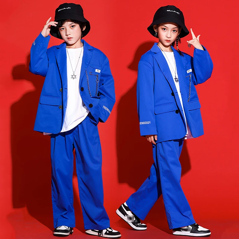 Jazz Dance Costume Hip Hop Kids Clothes Blue Suit Coat Pants Boys Stage Costume Girls Modern Dance Performance Clothes BL7476