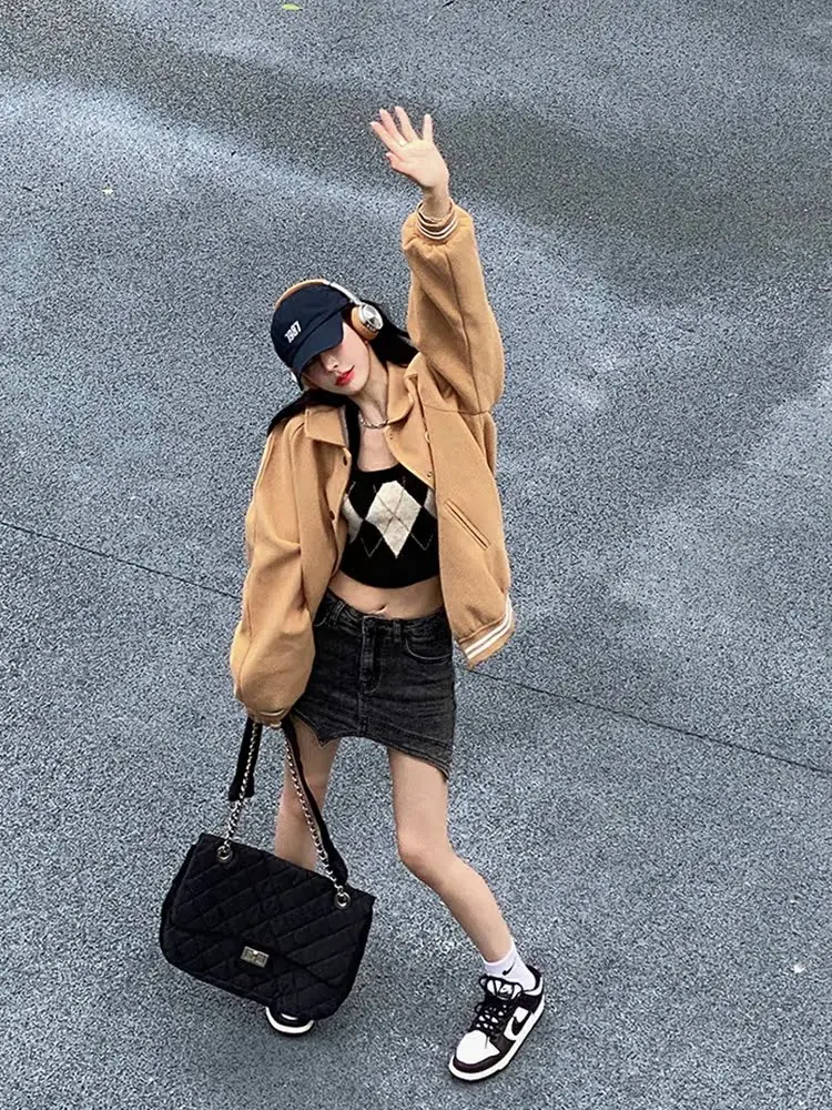 

Baseball Jackets Korean Womens Autumn-Winter Casual Elegance Thicker Flaps Slant Prints Solid V-Neck Collared Rib Softshell Chic