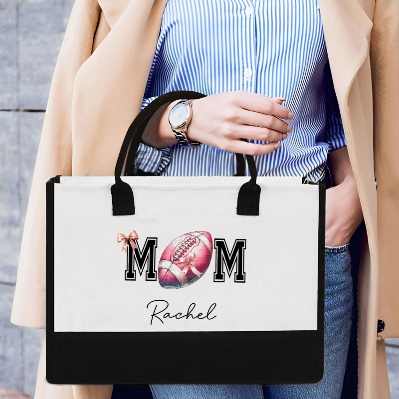 Custom Name Football Mom Tote Bag Organizer Fashion Color Block Large Capacity Shoulder Bag Handbag Sports Mom Personalized Gift