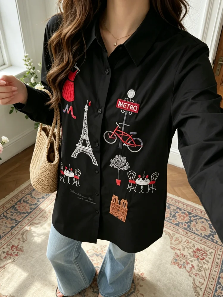 2026 Long Sleeve Elegant Blouse New White Shirt Casual Button Up Turn Down Collar Female Blouse Embroidery Blouse Lady