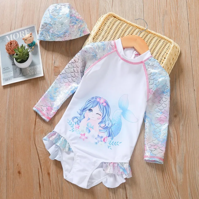 

Magical Swimwear Set: Adorable Girls Angel Print Rash Guard with Long Sleeves, Sun Protection, and Swim Cap for Ages 3-7