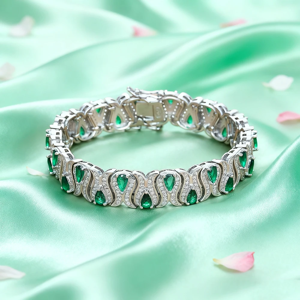 TEMGF 3*5mm Cultivated Emerald/Ruby Gem Bracelet for Women S925 Silver Tulip Design Bangle Party Sparkling Luxury Jewelry Gifts