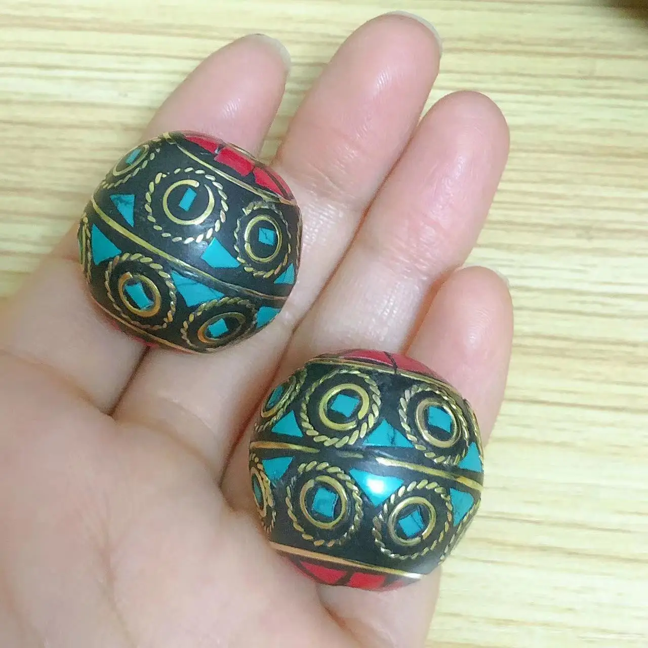 BD005 Nepal Handmade 26mm Big Ball Beads Brass Colorful Stone DIY Jewelry Accessories 2 Pieces Beads image 3