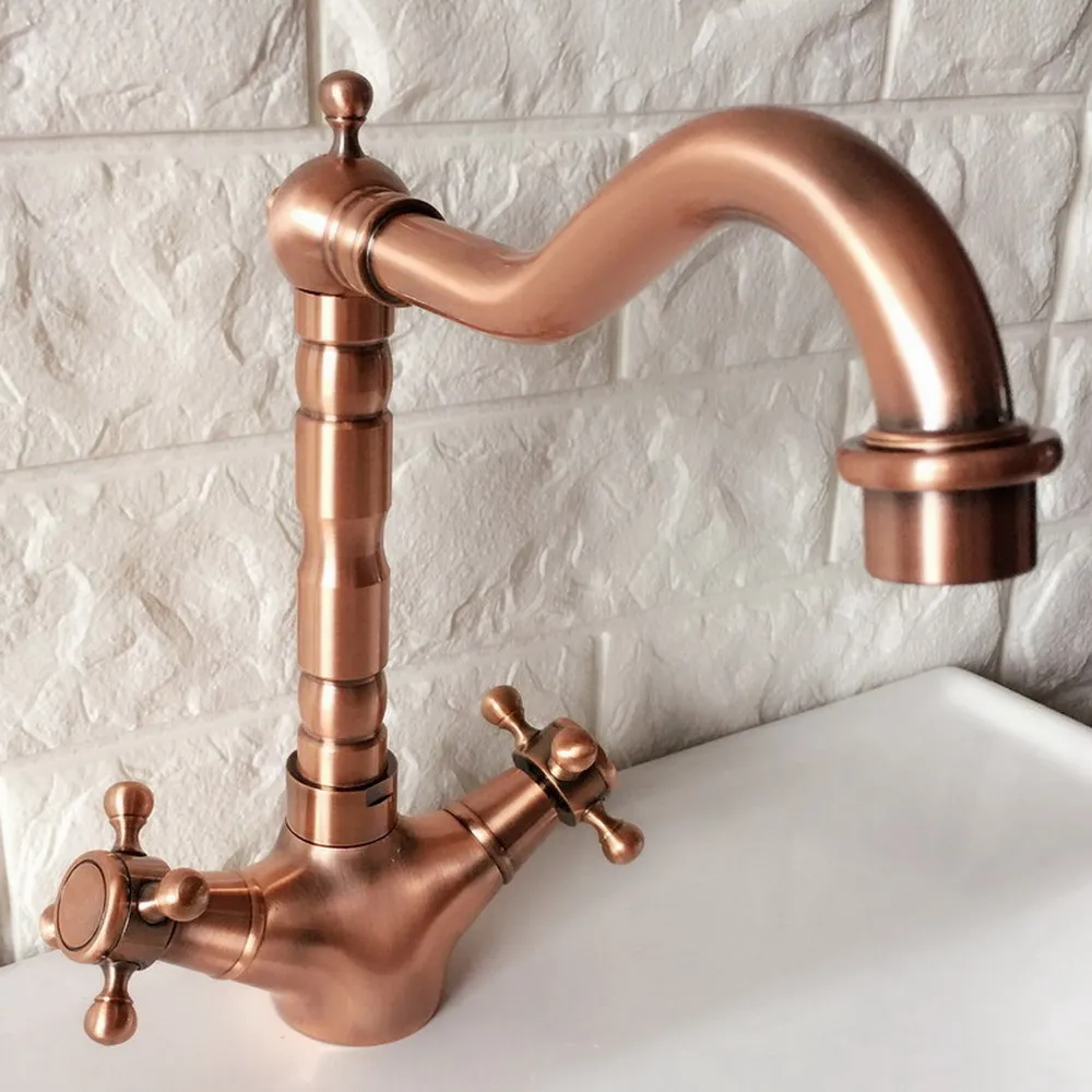 Antique Red Copper Brass Two Cross Handles Single Hole Deck Mounted Bathroom / Kitchen Sink Swivel Faucet Mixer Tap arg052