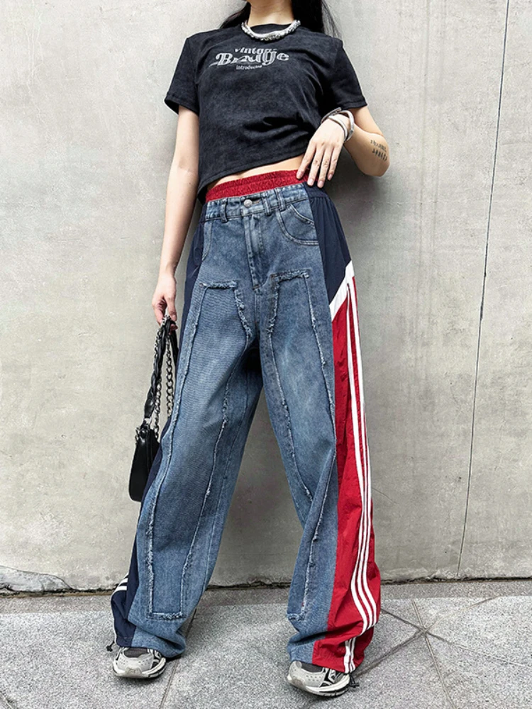 

2024 Retro Street High Waist Denim Wide Leg Pants Women Summer New Elastic Contrast Colored Loose Trouser Fashion Trendy Jeans