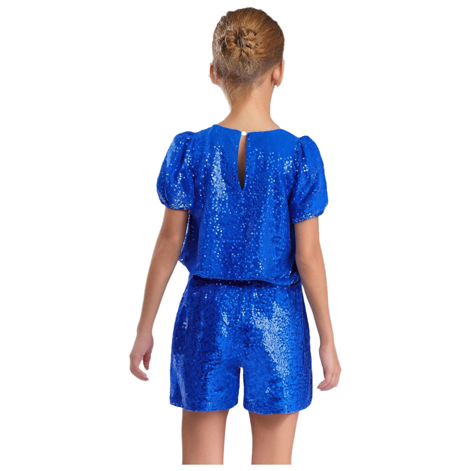 Kids Girls Latin Jazz Dance Sets Short Puff Sleeves Shiny Sequins Top with Shorts for Cheerleading Stage Performance Competition