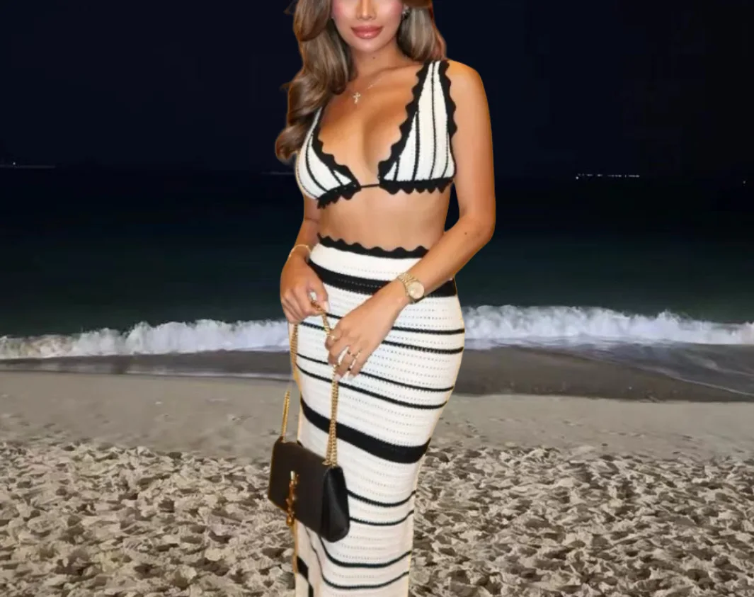 

Beachside sand skirt, bikini casual top, halter top, long dress set