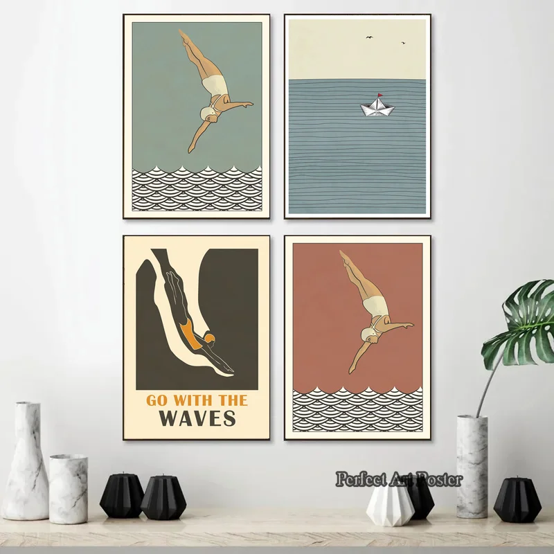 Vintage Maritime Surfing Beach Poster Abstract Female Diver Swimming Pool Canvas Painting Wall Art Picture for Room Home Decor