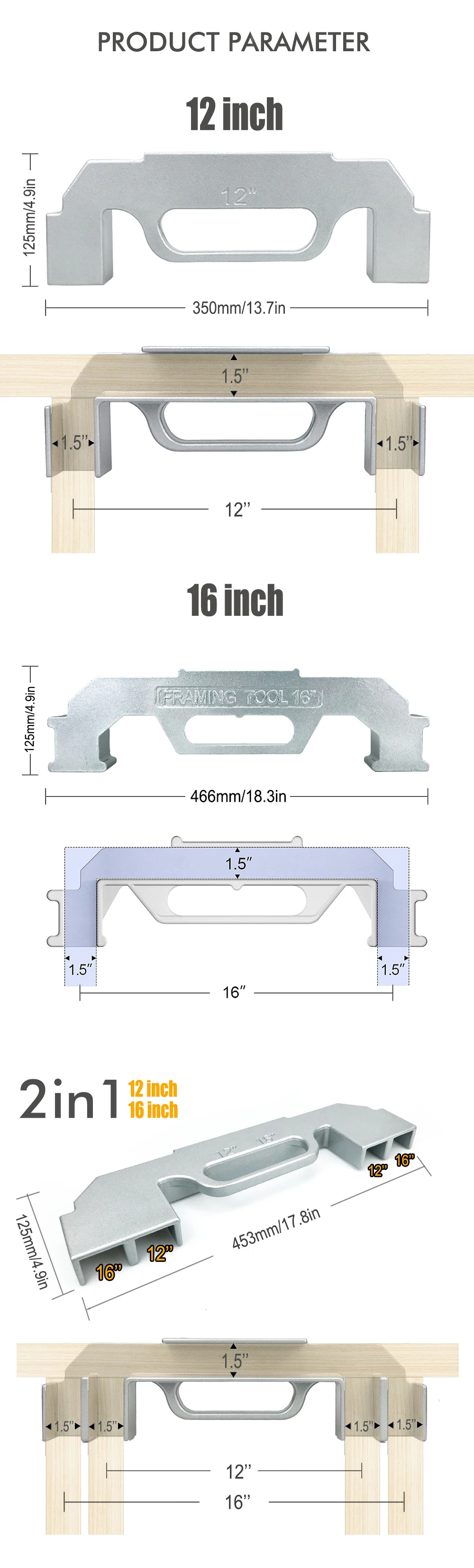 Center Stud Layout 12/16/24 Zoll Wand Genaue Messung Framing Abstand Positionierung Jig Aluminiumlegierung Wall Stud Framing Tool – Detail 5